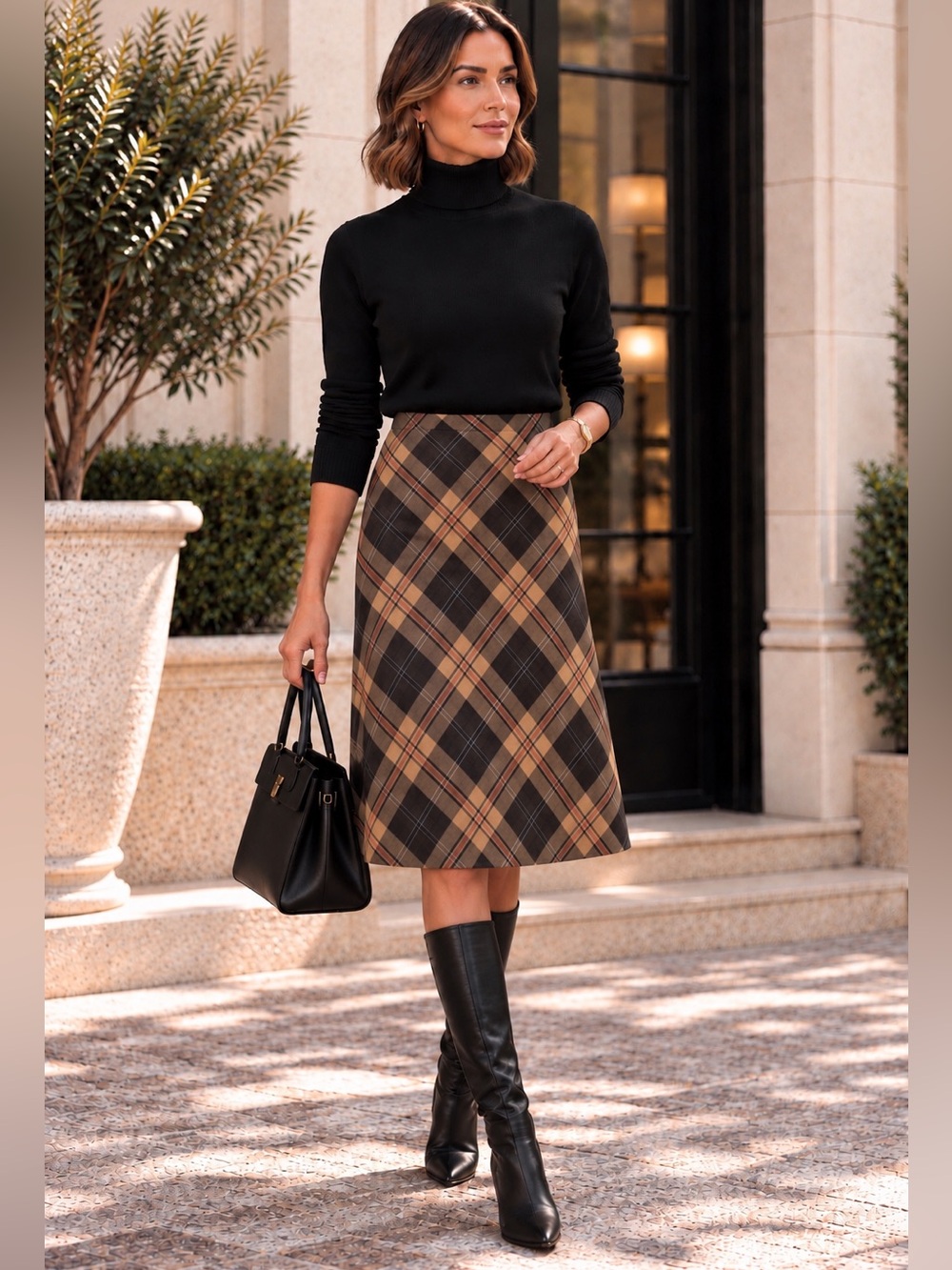 Casual Corner Plaid Midi Skirt Brown Tan Blue A Line Fully Lined Size 8